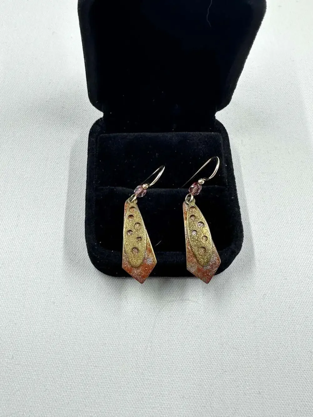 Artisan Brass Boho Dangle Earrings Layered Design with Pink Czech Glass